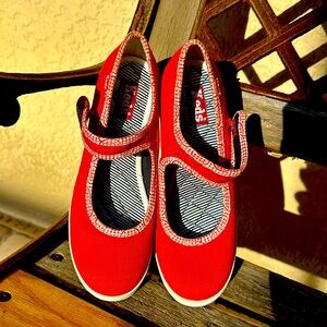 RARE VINTAGE RETRO MARY JANE KEDS Red/White Canvas Wedge Heel SIZE 6.5